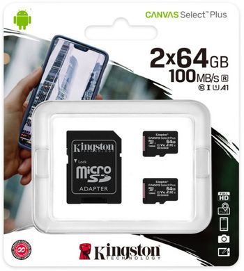 Картка пам'ятi Kingston 64GB microSDHC 100R (SDCS2/64GB-2P1A)