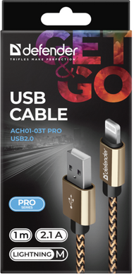 Кабель Defender ACH01-03T USB(AM)-Lighting 1m, 2.1A Gold (87806)
