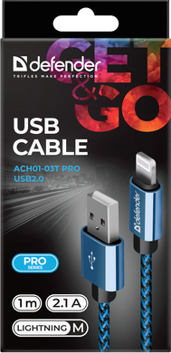 Кабель Defender ACH01-03T USB(AM) – Lighting 1м, 2.1A Blue (87811)
