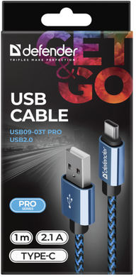 кабель Defender (87817)USB09-03T PRO USB(AM)-C Type, 1m синій