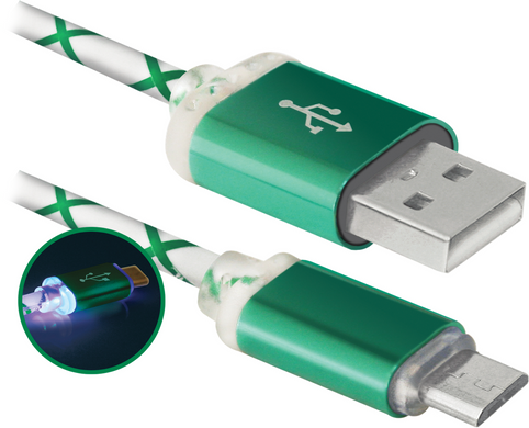 Кабель Defender USB08-03LT USB(AM)-MicroBM Зел.LED підсв. 1м