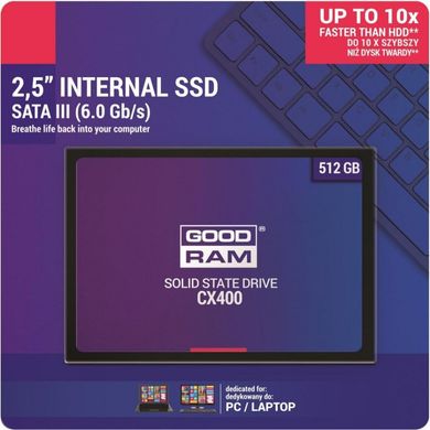 SSD внутрішні Goodram CX400 512 GB SATAIII 3D TLC (SSDPR-CX400-512) комп'ютерний запам'ятовувальний пристрій