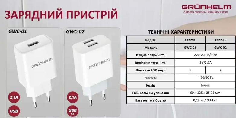 Блок живлення Grunhelm GWC-02 5V/2.1А, 2 USB, білий