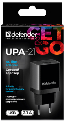 Сетевое зарядное устройство Defender UPA-21 Black, 1xUSB, 5V/2.1A (83577)