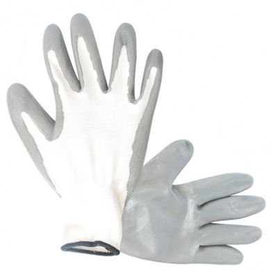 (WE2108) Перчатки трикотажные полiестер, белый цвет, нiтрiлове покрытия (серый), оверлок на манжете серого цвета, р.8 Werk