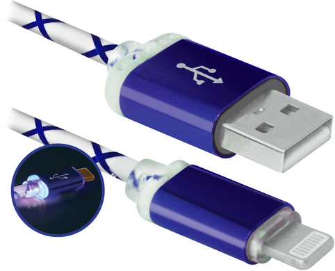 Кабель Defender ACH03-03LT USB(AM)-Lightning Синя LED підсв. 1м