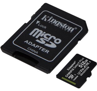 Карта памяти Kingston microSDXC 512B Canvas Select Plus Class 10 UHS-I U3 V30 A1 + SD-адаптер (SDCS2/512GB)