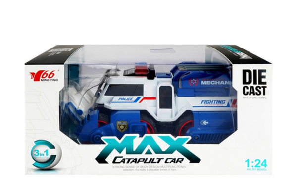 Игрушка CARS S Полицейская Боевая машина 3в1 Pull-back с катапультой и пушками со светом и звуком 1:24
