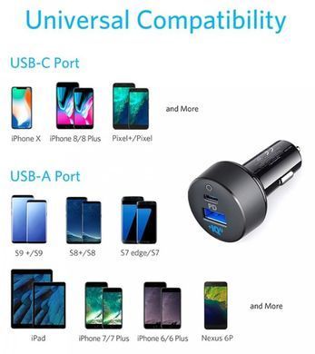 Автомобільний зарядний пристрій Anker PowerDrive+ III Duo - 30W 2xPD+18W Power IQ (Чорний)