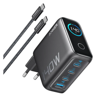 Мережевий зарядний пристрій Anker Laptop GaN Charger 140W, 3xUSB-C PD3.1 & 1xUSB-A w Display and Cable Black