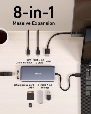 Перехідник Anker 555 PowerExpand 8-in-1 100W PD 10Gbps USB-C Data Hub (Gray)