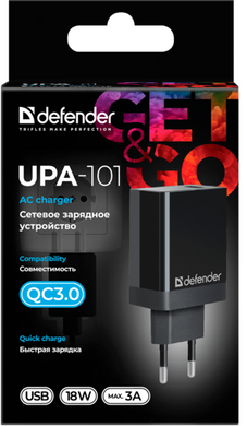 мережева зарядка Defender (83573)UPA-101 чорний, 1 USB, QC 3.0, 18W