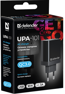 мережева зарядка Defender (83573)UPA-101 чорний, 1 USB, QC 3.0, 18W