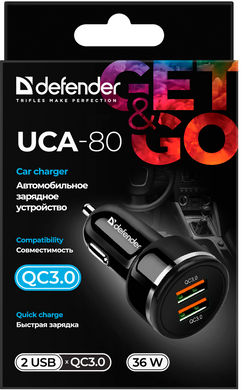Автомобильное зарядное устройство Defender UCA-80 Black, 2xUSB, QC3.0, 36W (83832)