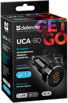 Автомобильное зарядное устройство Defender UCA-80 Black, 2xUSB, QC3.0, 36W (83832)