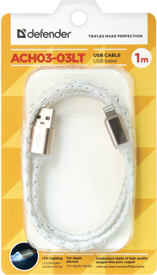 Кабель Defender ACH03-03LT LED USB – Lightning 1м Grey (87550)
