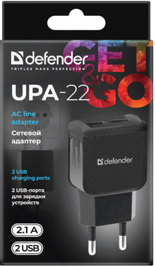 Сетевое зарядное устройство Defender UPA-22 black, 2xUSB, 2.1A (83579)