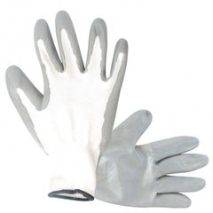 (WE2108) Перчатки трикотажные полиестер, белый цвет, нитриловое покрытие (серый), оверлок на манжете серого цвета, р.8 Werk