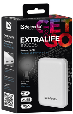 Портативний зарядний пристрій Defender ExtraLife 10000S Li-pol, 2USB, 10000mAh, 2.1A (83650)