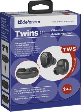 Гарнитура Defender Twins 635 TWS Bluetooth, Black (63635)