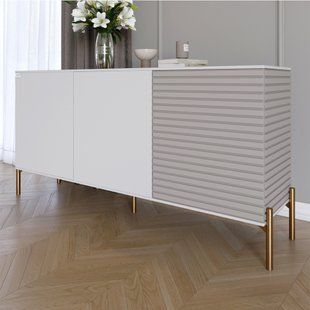Комод закрытый в гостиную на золотых металлических ножках LION Грей 154x38x76,5 см Нимфея Альба (белый)/Кашемир (LION-041874)