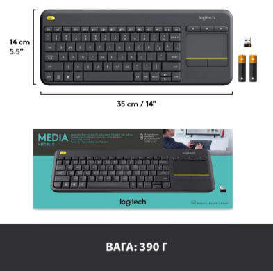 Клавіатура LogITech Wireless Touch K400 Plus, US, Black (920-007145)