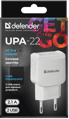Мережевий зарядний пристрій Defender UPA-22 White, 2xUSB, 2.1A (83580)