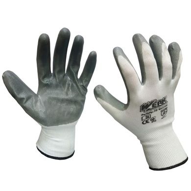 (WE2109) Перчатки трикотажные полиестер, белый цвет, нитриловое покрытие (серый), оверлок на манжете серого цвета, р.10 Werk