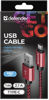 Кабель Defender USB09-03T PRO USB2.0, AM-Type-C Red, 1m (87813)