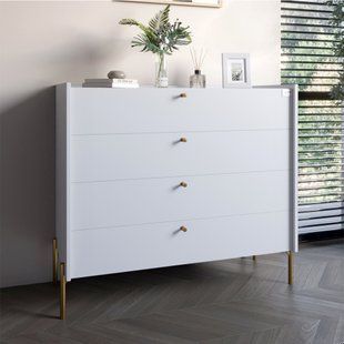 Комод с 4 ящиками LION Wood с золотыми ножками 100х90х45 см Нимфея Альба (белый) (LION-042969) ТОП