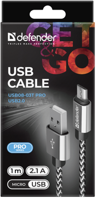 Кабель Defender USB08-03T PRO USB2.0, AM-MicroBM White, 1m (87815)
