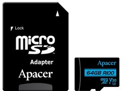 Карта пам'яті ApAcer microSDXC 64GB UHS-I U3 V30 (AP64GMCSX10U7-R) + SD адаптер