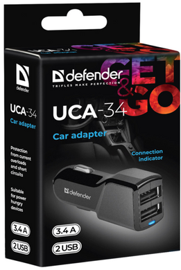 Автомобильное зарядное устройство Defender UCA-34 2xUSB, 5V/3.4A (83834)