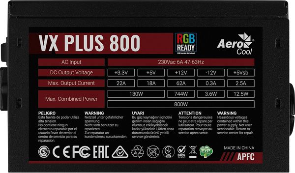 Блок живлення Aerocool VX PLUS 800 RGB 800W v.2.3 APFC 78+ Brown box
