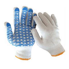 (WE2121) Перчатки трикотажные ХБ, натур. цвет, синий ПВХ "волна" на одной стороне, оверлок на манжете белого цвета, р.10 Werk