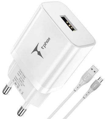 Мережевий зарядний пристрій T-Phox TCC-124 Pocket USB + MicroUSB Cable (White)