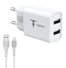 Мережевий зарядний пристрій T-Phox TCC-224 Pocket Dual USB+ Lightning Cable (White)