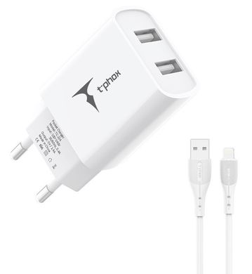 Сетевое зарядное устройство T-Phox TCC-224 Pocket Dual USB+ Lightning Cable (White)