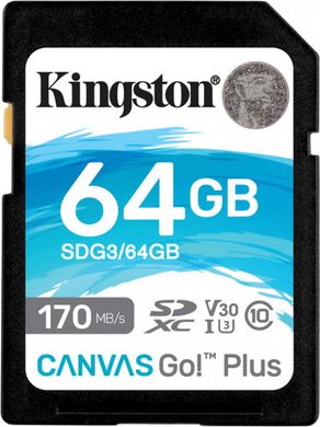 Карта памяти Kingston SDXC 64GB Canvas Go+ Class 10 UHS-I U3 V30 (SDG3/64GB)
