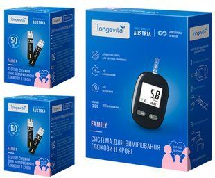 Глюкометр Longevita Family для вимірювання глюкози в крові + Тестові смужки 100шт.(2*50шт)
