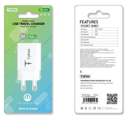 Мережевий зарядний пристрій T-Phox TC-124 Pocket USB (White)