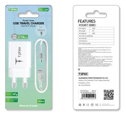 Мережевий зарядний пристрій T-Phox TCC-224 Pocket Dual USB+MicroUSB Cable (White)