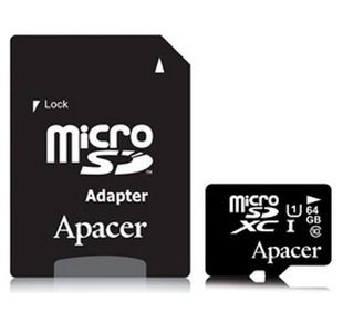 Карта пам'яті ApAcer microSDXC 64GB UHS-I U3 V30 (AP64GMCSX10U1-R) + SD адаптер