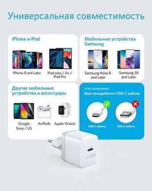 Сетевое зарядное устройство Anker PowerPort III 20W USB-C (White)