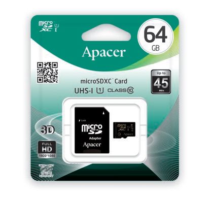 ApAcer microSDXC 64GB UHS-I U3 V30 (AP64GMCSX10U1-R) + SD адаптер