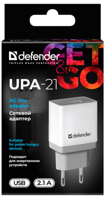 мережева зарядка Defender (83571)UPA-21 біла, 1xUSB, 5V / 2.1А