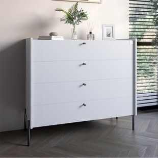 Комод с 4 ящиками LION Wood с черными ножками 100х90х45 см Нимфея Альба (белый) (LION-042983) ТОП