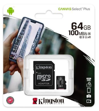 Карта памяти Kingston 64GB microSDXC Canvas Select Plus 100R A1 C10 + SD