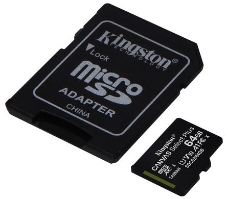 Картка пам'ятi Kingston 64GB microSDXC Canvas Select Plus 100R A1 C10 + SD