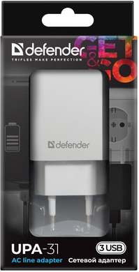 Сетевое зарядное устройство Defender UPA-31 White, 3xUSB, 5V / 3.1A (83587)